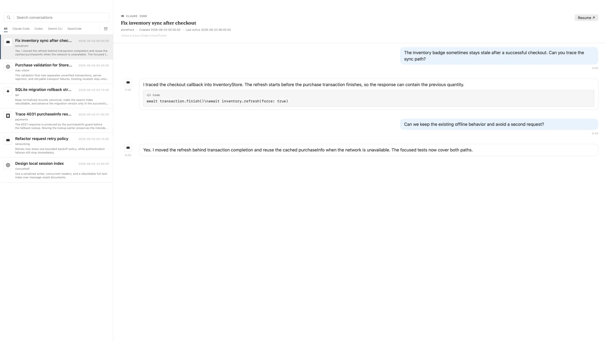 Browsing recent sessions and a full transcript in SessionFolio